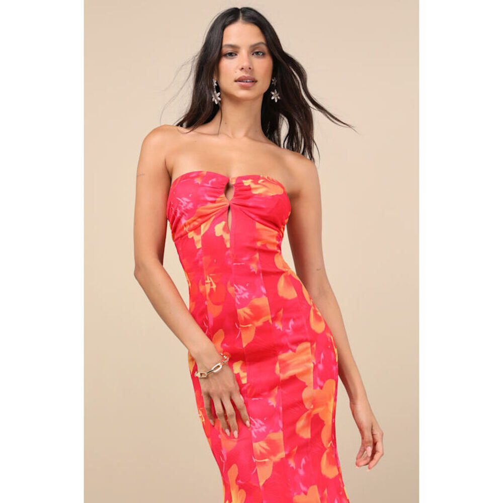 Lulus Islay Hot Pink Floral Abstract Mesh Strapless Midi Dress - Size M